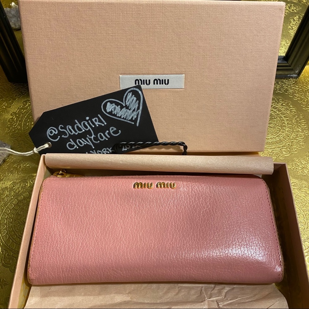 Miu Miu Pink Leather Zip-Around Wallet with Gold Logo